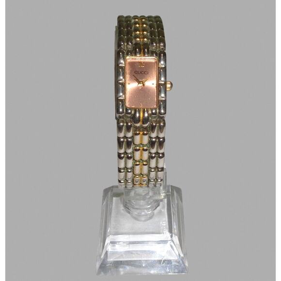 Vtg Vintage Gucci Silver Gold Tone Metal Watch Pink Rectangle Face Please Read - Picture 1 of 6